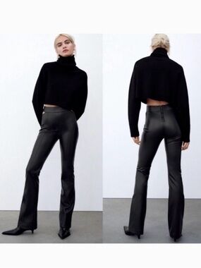 ZARA FAUX LEATHER HIGH RISE CUTOUT WAISTBAND BOOT CUT PANTS ✨
